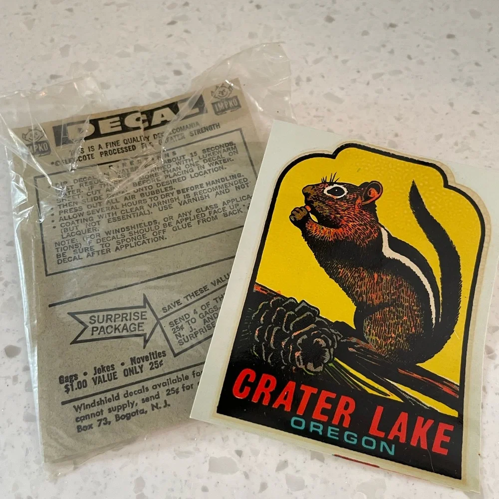 Vintage Yellow, Black, Red Crater Lake Oregon Chipmunk Decal Unused